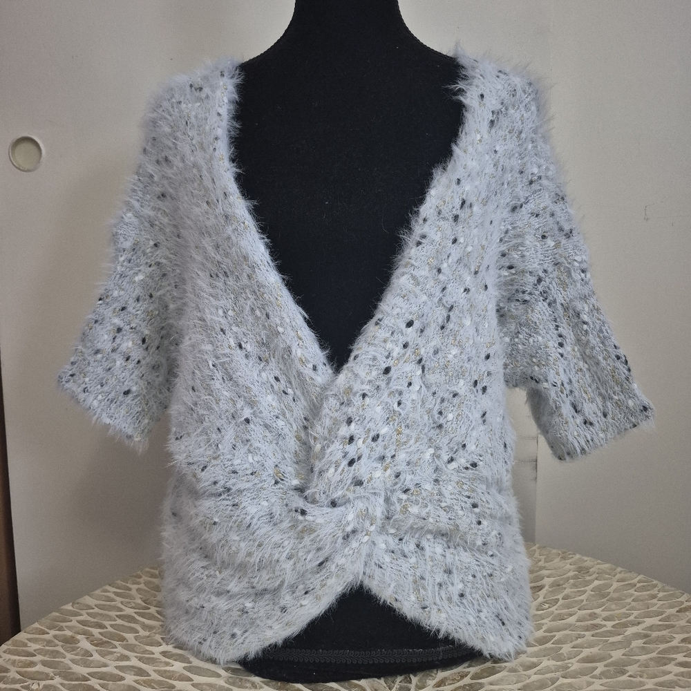 Anthropologie Marled Fuzzy Twist Front Sweater SilverBlack Gold One Size